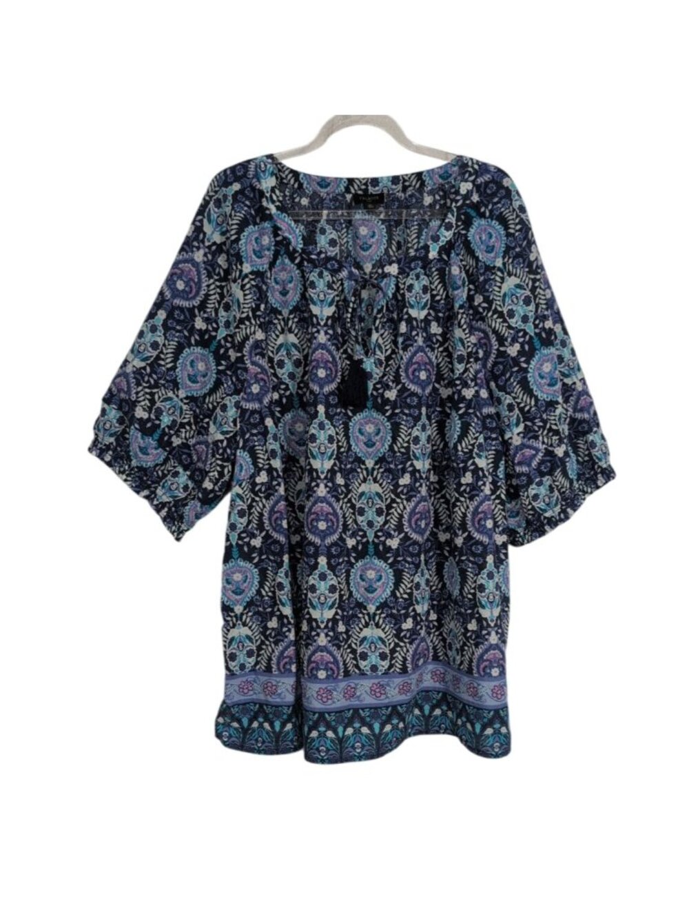 Talbots Floral Shirt Womens Plus Size 2X Blue Tassels Lightweight Boho Festival